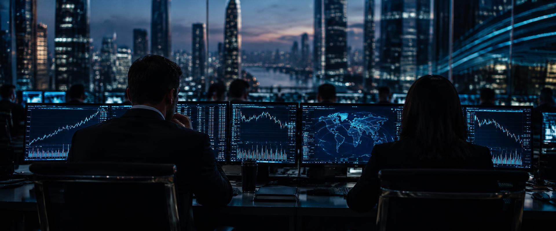 Capital professionals reviewing market intelligence on trading monitors at dusk