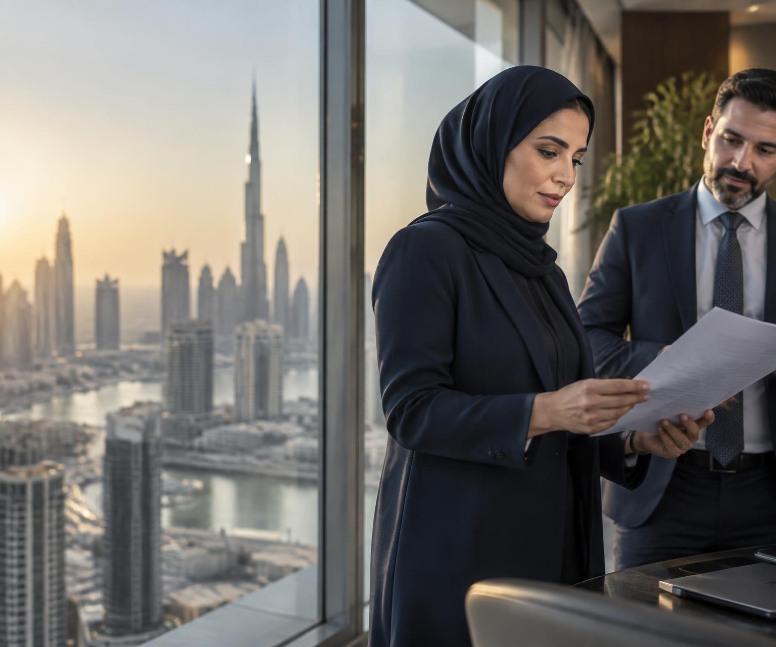 Healthcare finance leaders reviewing a claim in a Dubai office